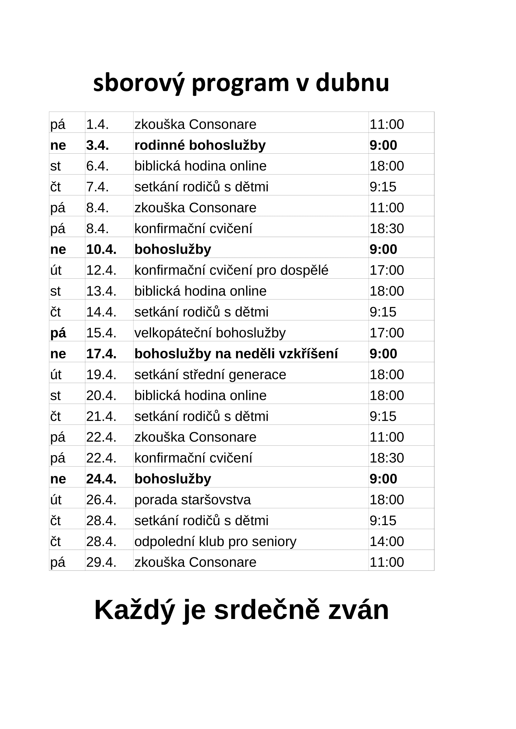 Sborový program v dubnu